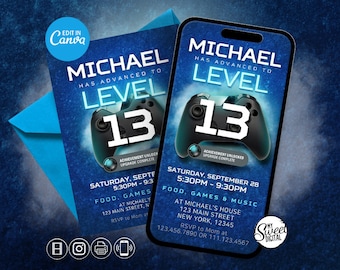 Gamer Animated Birthday Invite, Text Video Invitation, Boy&#39;s Teen Birthday Card, Video Gamer Mobile Invite, 13 Birthday, Edit in Canva