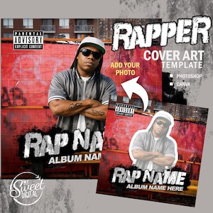 Op de afbeelding: Een cover art template voor een rapper, met een man in een grijze jas en zonnebril. Het ontwerp bevat de tekst "RAPPER COVER ART TEMPLATE" en "RAP NAME ALBUM NAME HERE". De afbeelding bevat ook de tekst "ADD YOUR PHOTO", "PHOTOSHOP" en "CANVA".