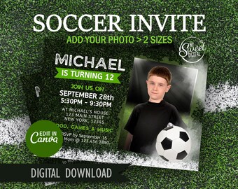 Soccer Sport Birthday Card Invitation, Boy's Sports Team B-Day Invite with Your Photo. Edit in Canva with Frame, 2 Sizes
