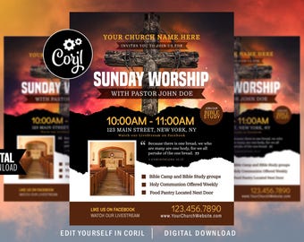 Church Worship Flyer, Sunday Service Print Flyer, Christian Graphic Design Advertisement Invite, Digital Corjil Template, Edit Yourself
