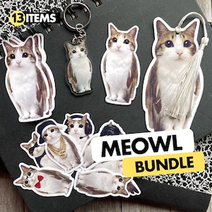 May include: A collection of 13 items featuring cat-owl hybrid illustrations, including stickers, a keychain, and a bookmark with a white tassel. The items display various cat-owl characters, some wearing accessories like glasses, bow ties, and headphones. Text reads MEOWL BUNDLE.