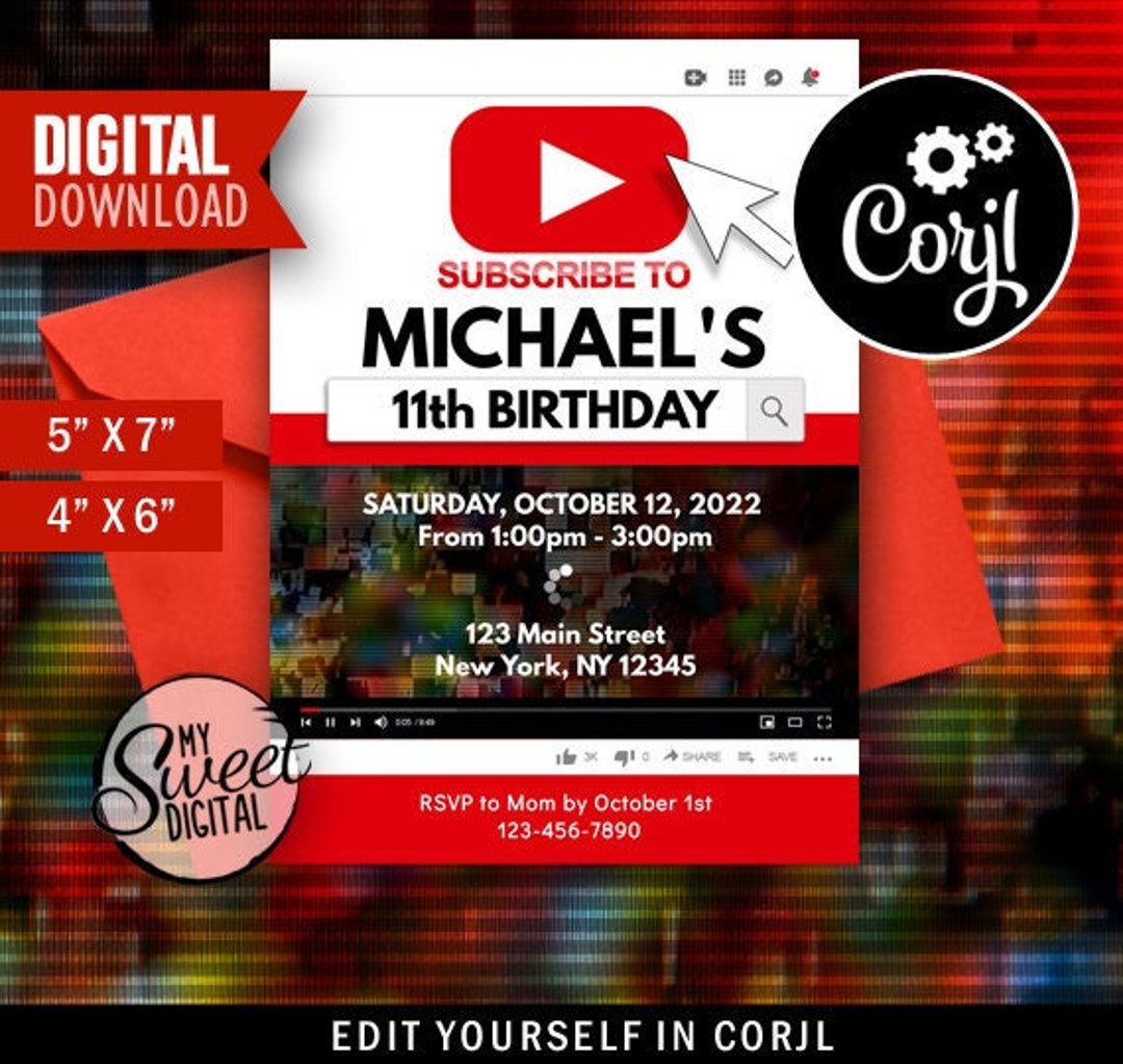 Youtube Birthday Invitation, Video Gamer Invite Theme, Personalized