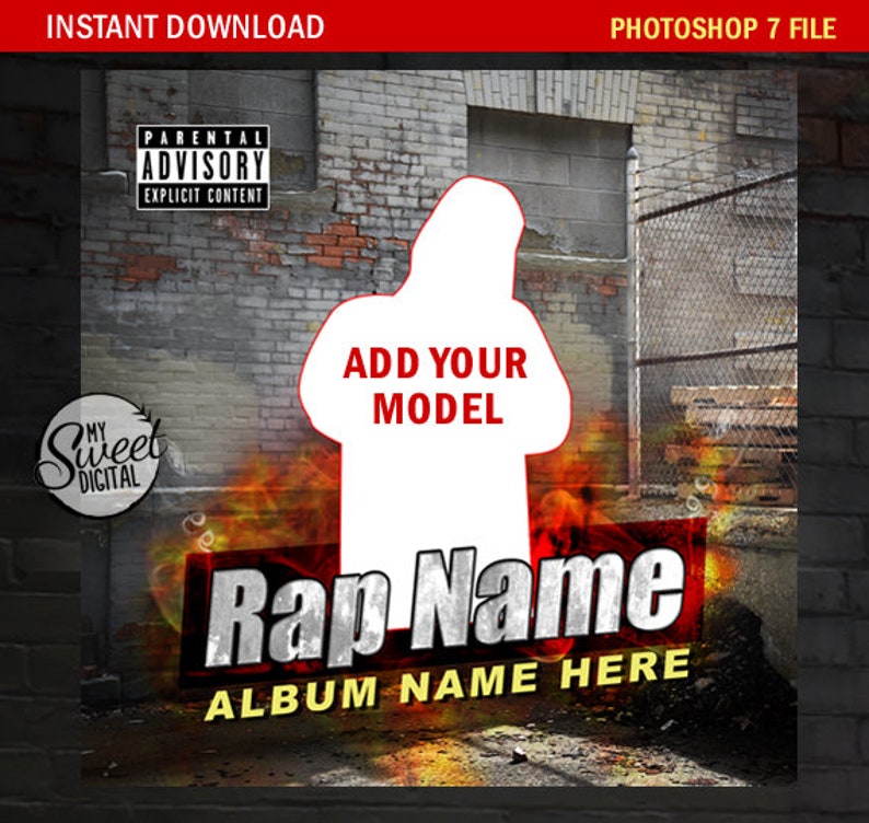Pu&ograve; includere: Un modello digitale per una copertina di album rap con un muro di mattoni, una recinzione a maglie e una silhouette bianca di una persona con il testo "Aggiungi il tuo modello" in rosso. Il testo "Rap Name" &egrave; in grandi lettere rosse e bianche con il testo "Nome dell'album qui" in giallo sotto.