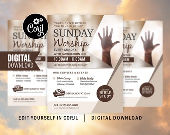 Church Worship Flyer, Sunday Service Print Flyer, Christian Graphic Design Advertisement Invite, Digital Corjil Template, Edit Yourself