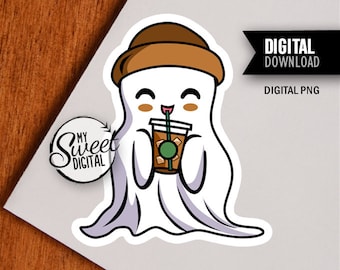 Cartoon Ghost Drinking Coffee Png, Cartoon Ghost Ice Coffee PNG, Halloween Ghost Beanie Hat Png, Ghost Png