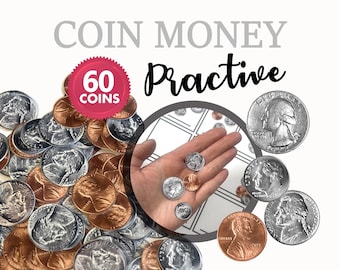 Kids Money Learning Activity Stickers, 60 US Practice Coins, Kindergarten Math Money Value, Homeschool