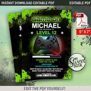 Sofortiger Download Gamer Geburtstagseinladung, Video Gamer einladen Thema, personalisierte Party einladen, 5 x 7 bearbeitbare PDF druckbare Einladung