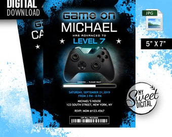 Gamer Birthday Invitation, Blue Video Gamer Invite Theme, Personalized Party Invite, 5x7 Printable Invitation JPG, Digital File