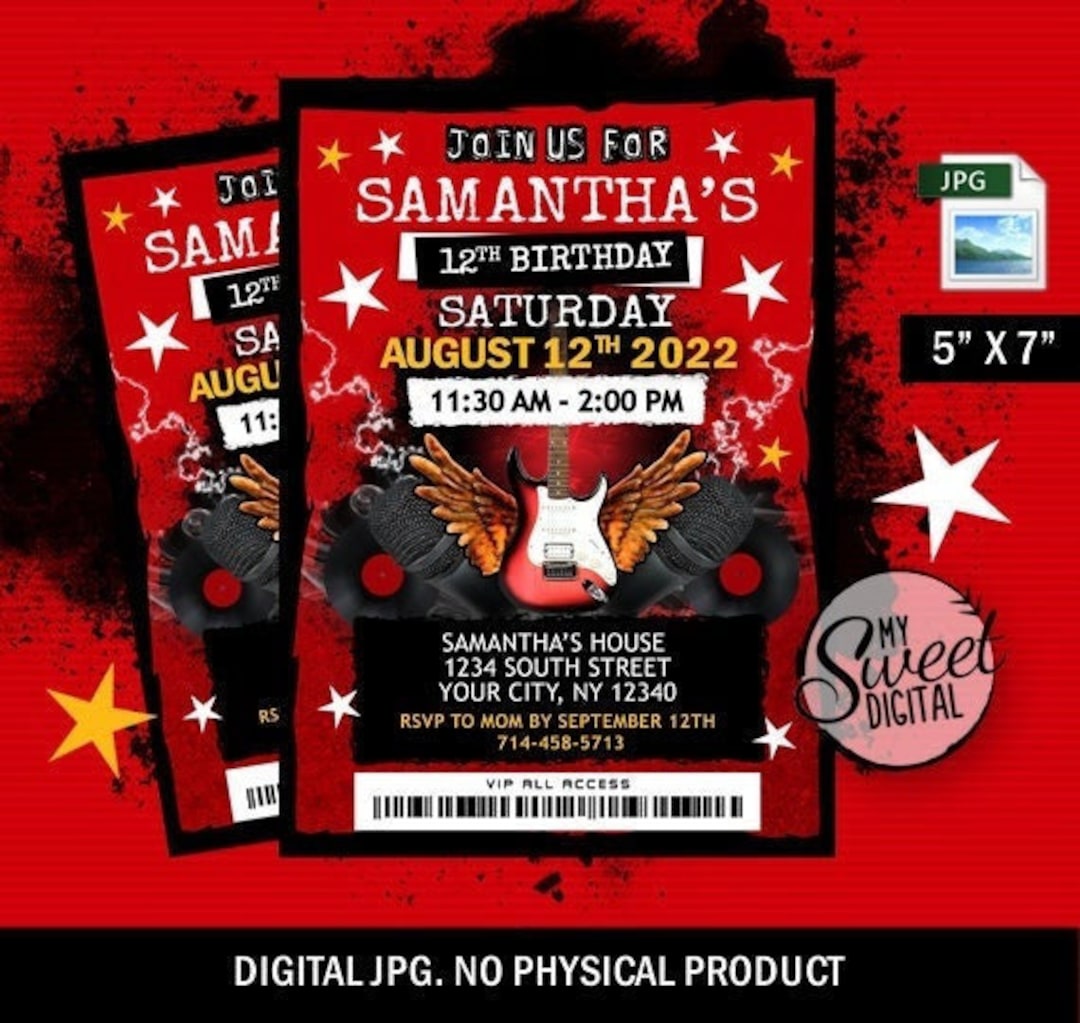 Music Rock Star Birthday Invitation, Teenager Rocker Band Party Invite ...