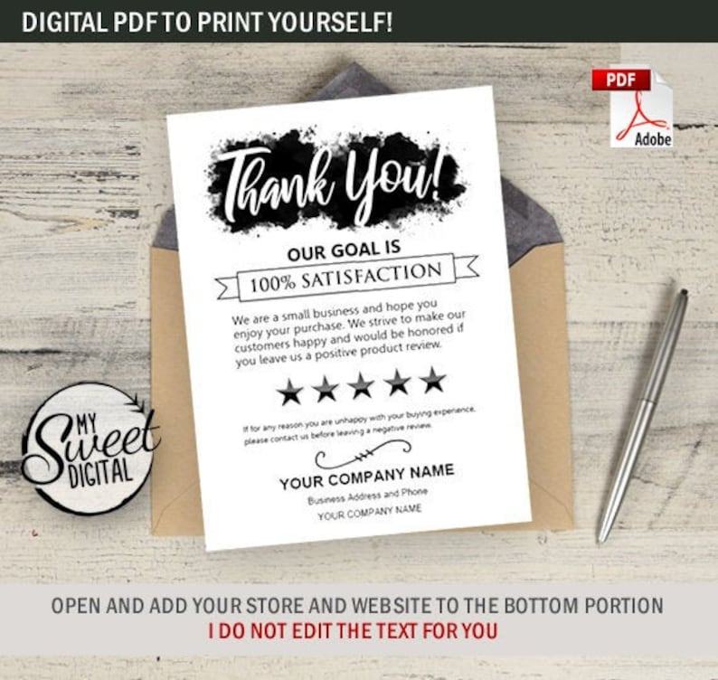 Seller Thank You Card for Etsy or Amazon Store Product Rating Etsy