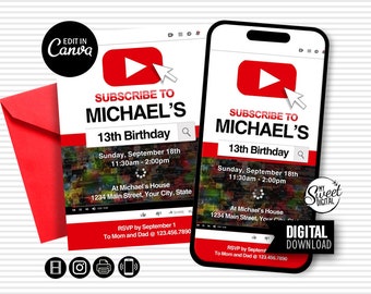Youtube Animated Birthday Invitation, Youtuber Video Invitation, Teen Birthday, Video Gamer Mobile Text Invite, 13 Birthday, Boy&#39;s Birthday