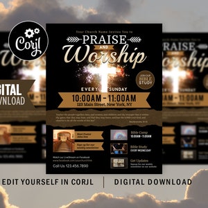 Church Flyer, Sunday Service Print Flyer Template, Christian Graphic Design Advertisement Invite, Digital Corjil Template - Edit Yourself