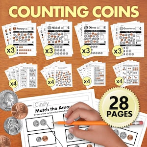 May include: Educational worksheets for learning about coins. The image shows multiple sets of worksheets with titles like "Penny", "Nickel", "Dime", and "Quarter". The worksheets include coin illustrations and counting exercises. The image also shows a hand drawing a line to match coins.