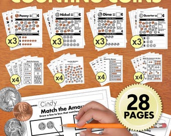 Kinder Geld-Lern-Aktivität, 28 Seiten mit US-Münzen, Kindergarten Mathe Geldwert Arbeitsblatt, Homeschool Arbeitsblatt, Frühbildung, PDF