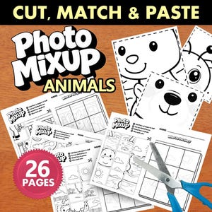 Könnte beinhalten: Eine Sammlung von Kinder-Aktivitätsseiten mit dem Titel "Photo Mixup Animals". Die Seiten zeigen Tiergesichter zum Ausschneiden, Zuordnen und Aufkleben. Das Bild enthält eine Schere und ein Abzeichen mit der Aufschrift "26 Seiten".
