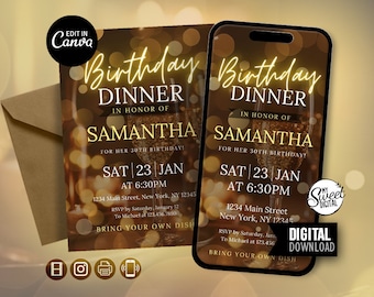Birthday Dinner Video Invitation, Digital Birthday Party Surprise Invitation, Text Invitation Dinner Party, Birthday Dinner