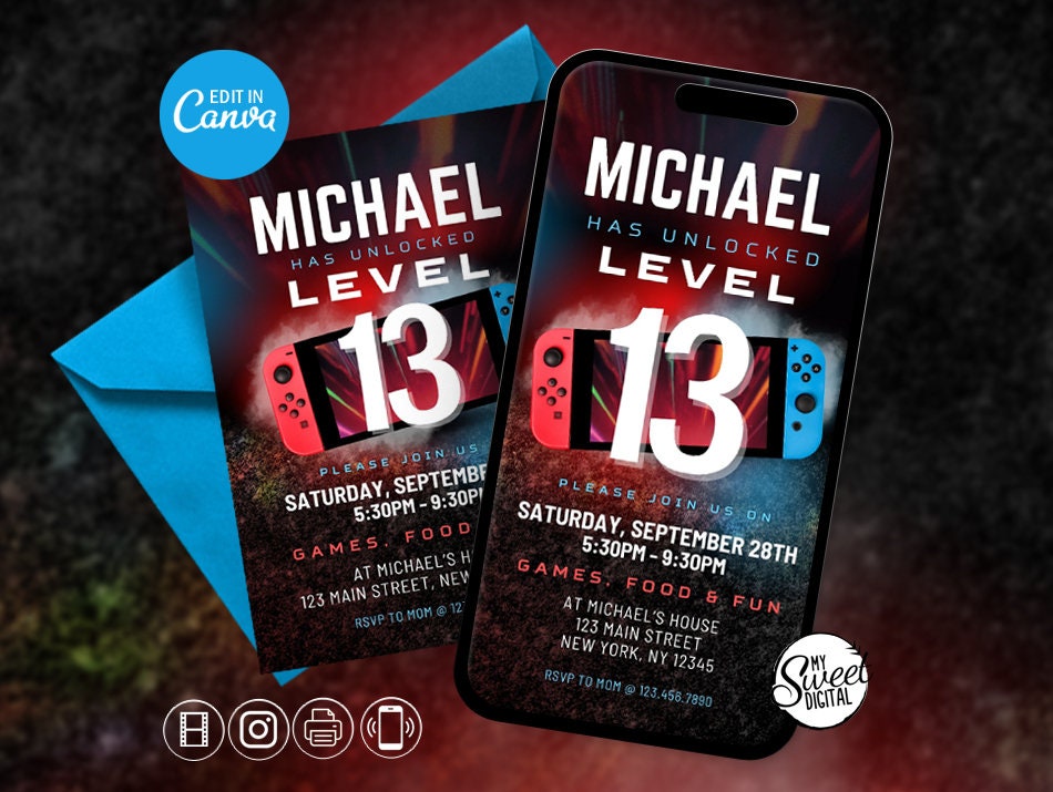 Teen Gamer Animated Birthday Invitation, Video Game Invitation, Teen Birthday, Gamer Mobile Text Invite, 13 Birthday, Boy's Birthday, Canva