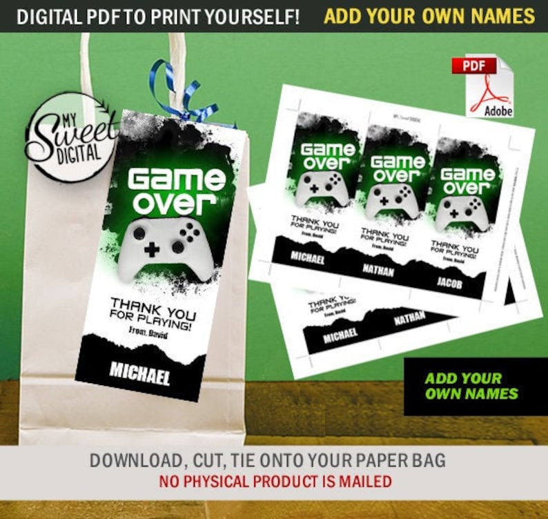 K&ouml;nnte beinhalten: Druckbare digitale PDF-Datei f&uuml;r Party-Geschenk-Etiketten zum Thema Game Over. Die Etiketten haben einen gr&uuml;n-schwarzen Hintergrund mit einem wei&szlig;en Videospiel-Controller und dem Text "Game Over". Die Etiketten sind so konzipiert, dass sie ausgeschnitten und an Papiert&uuml;ten gebunden werden k&ouml;nnen.