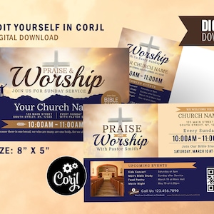 Mailer de cartão postal da igreja, modelo de impressão de serviço de domingo, convite de anúncio de design gráfico cristão, modelo digital Corjl - edite você mesmo