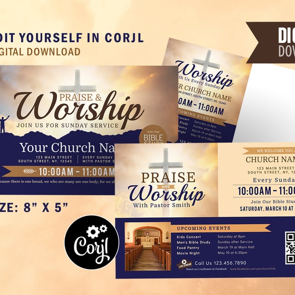Church Postcard Mailer, Sunday Service Print Template, Christian Graphic Design Advertisement Invite, Digital Corjl Template - Edit Yourself