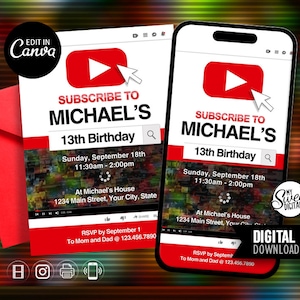 Youtube Birthday Invitation, Video Gamer Invite Theme, Personalized Party Invite, 5x7 and 4x6 Editable Canva Digital Invitation