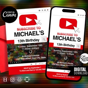 Youtube Birthday Invitation, Video Gamer Invite Theme, Personalized Party Invite, 5x7 and 4x6 Editable Canva Digital Invitation