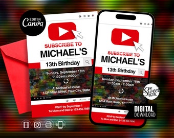 Youtube Teen Boy Birthday Invitation, Video Streamer Gamer Invite, Canva Invitation, Personalized Party Invite, Editable Digital Template