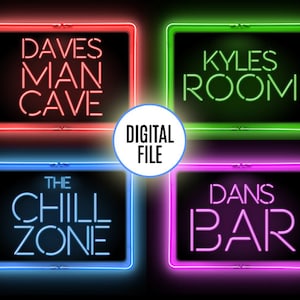 Signo de brillo de neón personalizado imprimible, archivo digital personalizado para la cueva del hombre, decoración del dormitorio de los niños o sótano del bar, idea de regalo única
