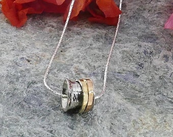 SPIRA Handcrafted Two Tone Solid 9k Yellow & Rose Gold 925 Sterling Silver Rope Spinning Pendant Chain Woodland Necklace, Oxidized Necklace