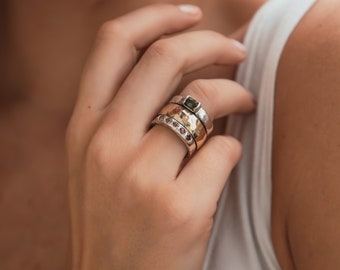 Zen Elegance: Handcrafted Tourmaline in Silver and Gold Spinner Ring