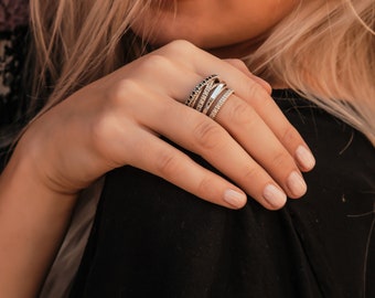 Black Spinel Wrap Ring 925 Sterling Silver  White Cubic Zirconia