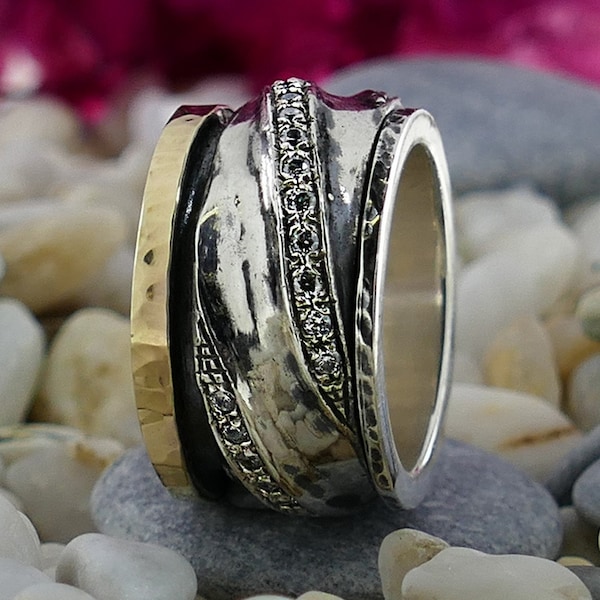 Mixed Metal Ring Unique Two Tone Spinner Ring Solid 9k Yellow Gold and 925 Sterling Silver 2.16ct Cubic set with Zirconia,Wide two tone ring