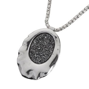 Handcrafted Sterling Silver Gray Agate Druzy Pendant on Rope Chain