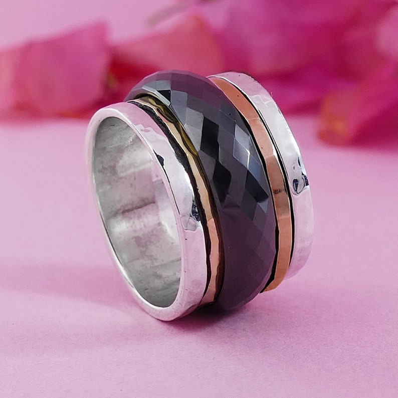 SPIRA Handcrafted Black Ceramic Two Tone Solid 9k Yellow /& Rose Gold 925 Sterling Silver Spinner Ring Set Setting