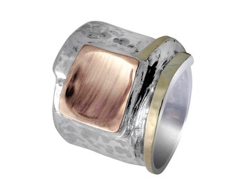 Bold Elegance: Handcrafted Tree Tones in Silver and Gold Unique Statement Ring