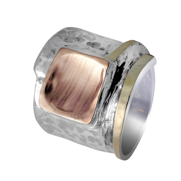 Bold Elegance: Handcrafted Tree Tones in Silver and Gold Unique Statement Ring