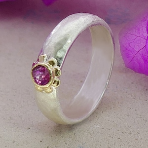 Turmalin Mixed Metal Ring Natürlicher Rosa Turmalin Edelstein Zwei Ton Solide 9k Gelb Gold & 925 Sterling Silber Solitär Ring