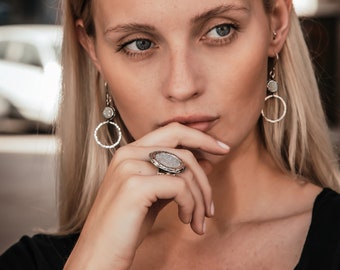 Unique White Agate Druzy Stone 925 Sterling Silver Adjustblr Statement Ring