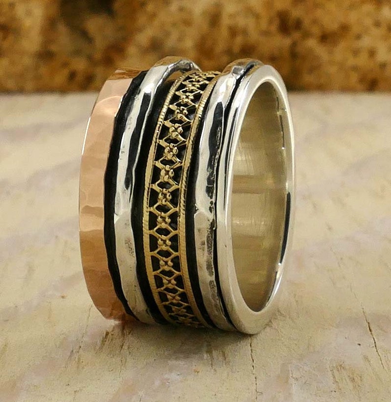 SPIRA Handcrafted Vintage Design Two Tone Solid 9k Yellow /& Rose Gold And 925 Sterling Silver Spinner Ring