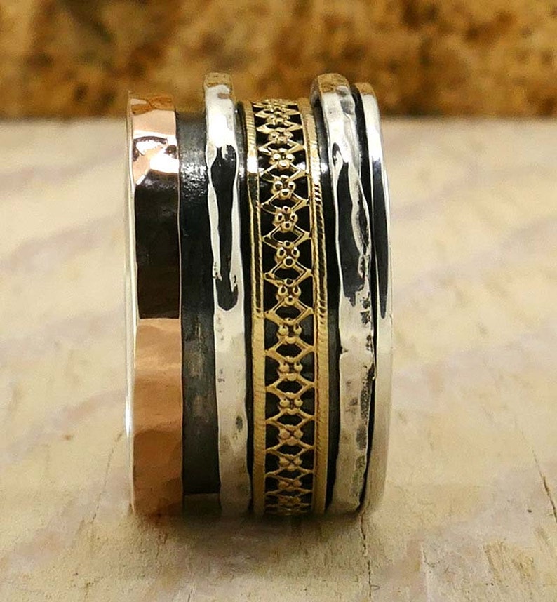 SPIRA Handcrafted Vintage Design Two Tone Solid 9k Yellow /& Rose Gold And 925 Sterling Silver Spinner Ring