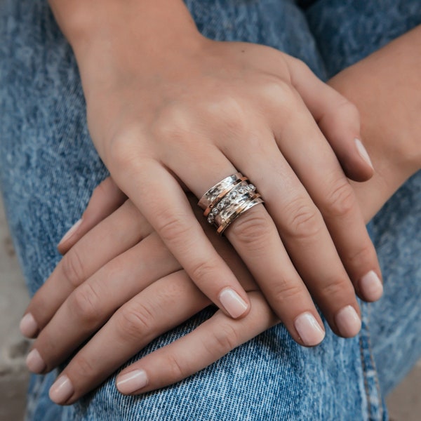 Mixed Metal Ring Gold Spinner Ring For Woman Two Tone Solid 9k Yellow and Rose Gold 925 Sterling Silver Cubic Zirconia Stone, Boho Ring