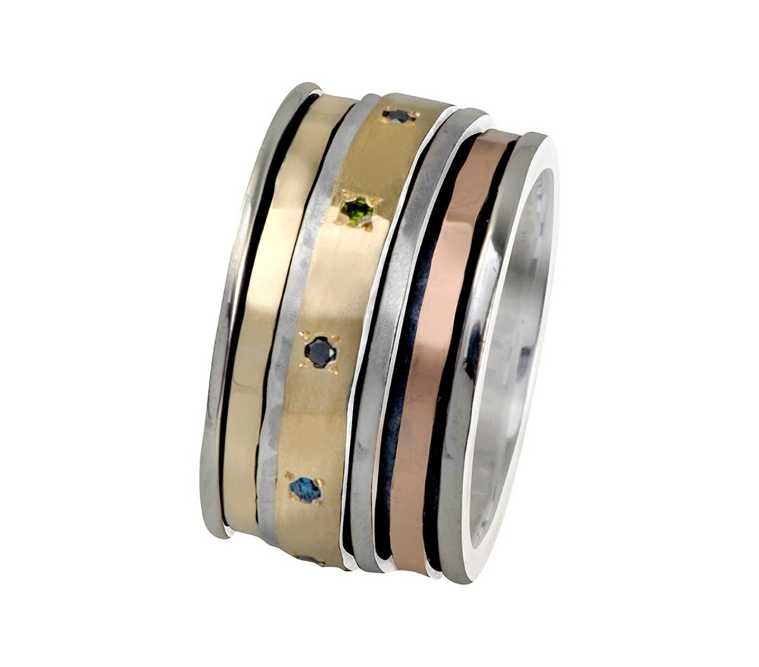 Multi-color Diamond Spinner Ring: 9k Gold & Sterling Silver - Etsy