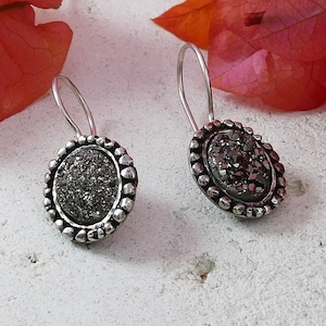 Sterling Silver Dangle Earrings: Gray Agate Druzy Stone, Gemstone Jewelry