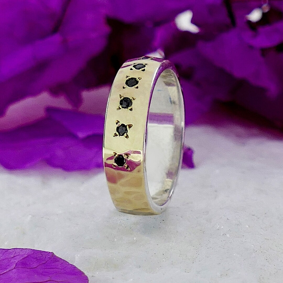 Two Tone Black Diamonds Engagement Ring Solid 9 Karat Yellow Etsy