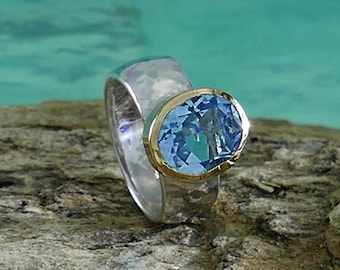 Ocean Dream: Handcrafted Blue Topaz Ring in Silver and Gold, Statement ring