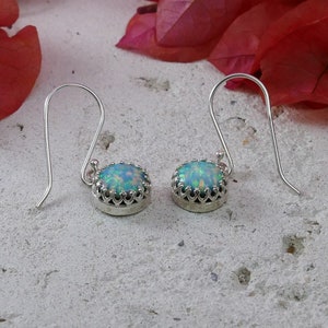 May include: A pair of silver earrings with a light blue opal stone set in a silver crown design.