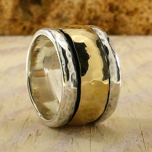 Handcrafted Unique Hammered Mixed metal Ring Solid Gold Spinner Ring Two Tone Solid 9k Yellow Gold And 925 Sterling Silver Statement Ring