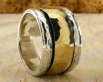 Handcrafted Unique Hammered Mixed metal Ring Solid Gold Spinner Ring Two Tone Solid 9k Yellow Gold And 925 Sterling Silver Statement Ring