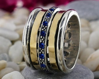 1.6 Carat Natural Blue Sapphire Gemstone Two Tone Solid 9k Yellow Gold&925 Sterling Silver Handmade Spinner Ring Set Setting,Gemstone ring