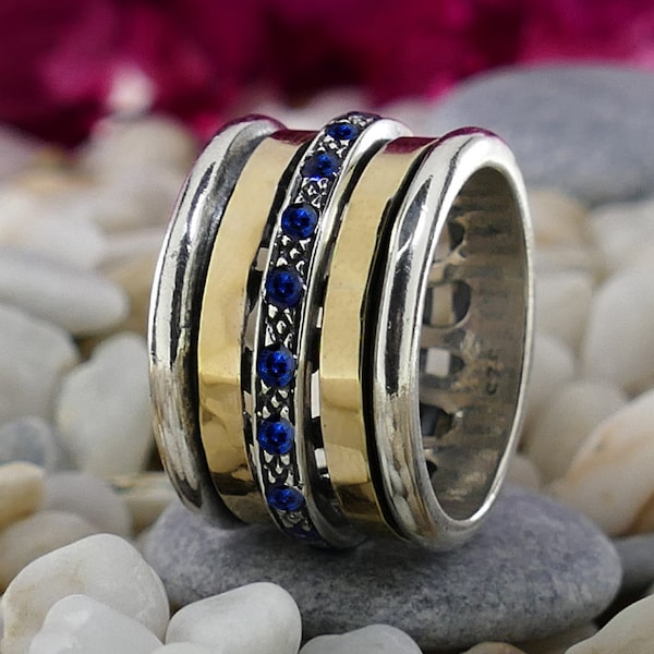 1.6 Carat Natural Blue Sapphire Gemstone Two Tone Solid 9k Yellow Gold&925 Sterling Silver Handmade Spinner Ring Set Setting,Gemstone ring